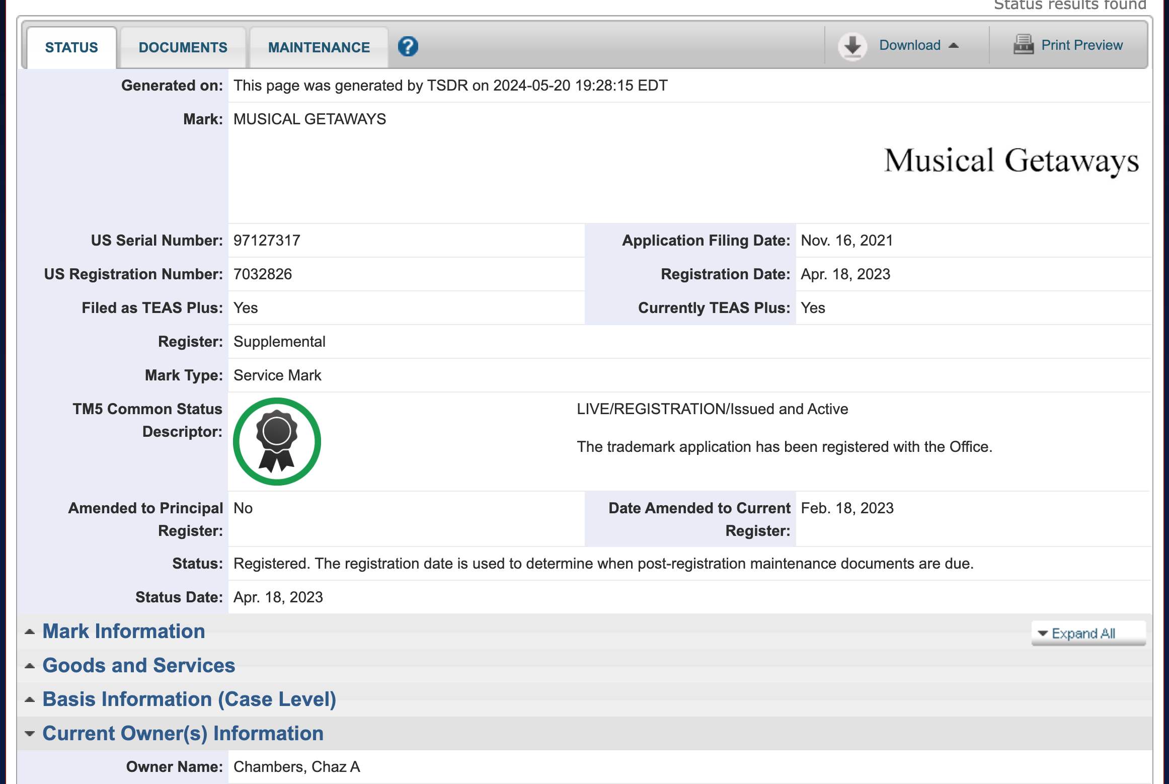 Musical Getaways trademark