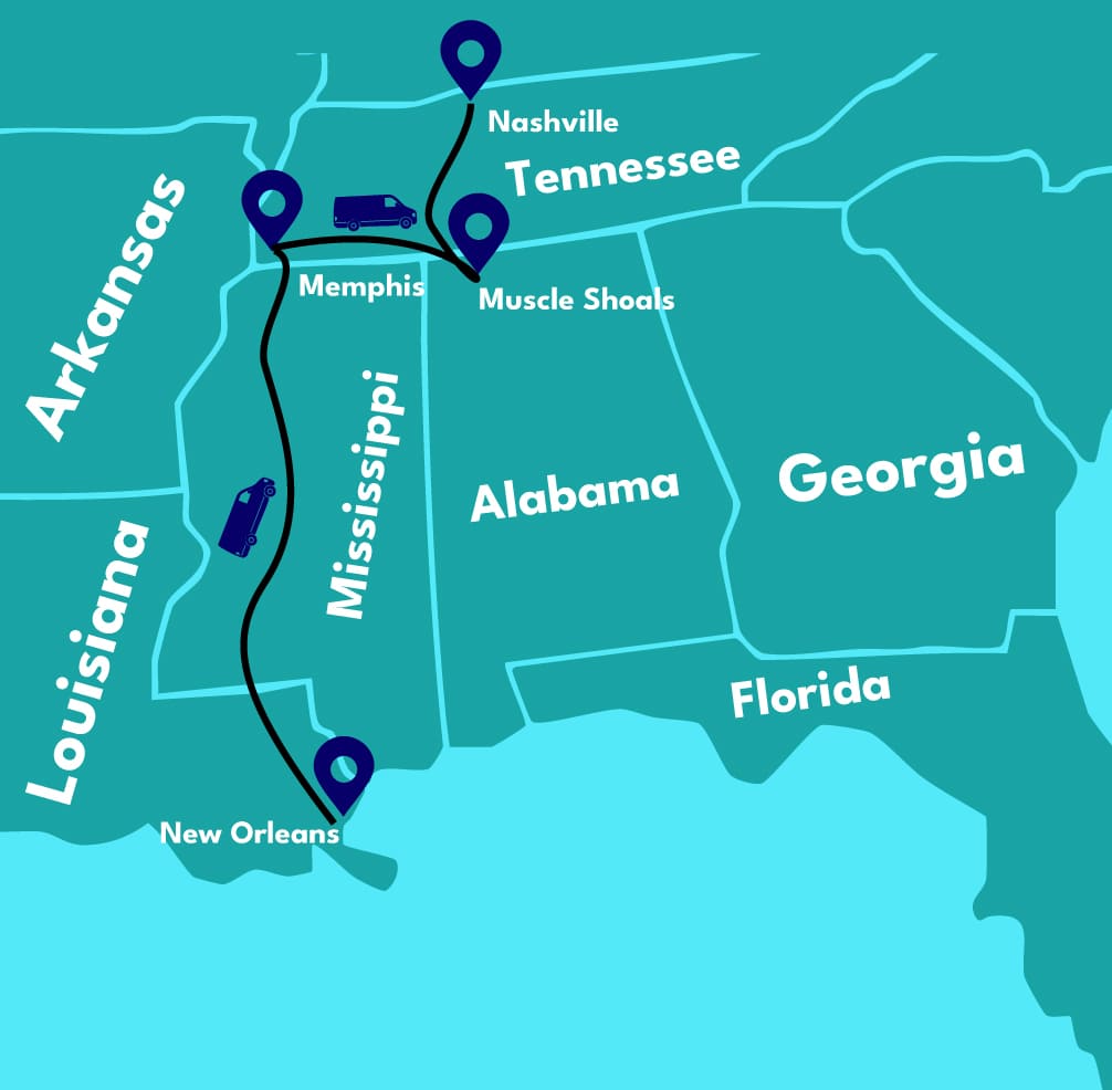 Map of Saound of the South Tour. A music tour design by Musical Getaways that goes to New Orleans, Memphis, Muscle Shoals, and  Nashville