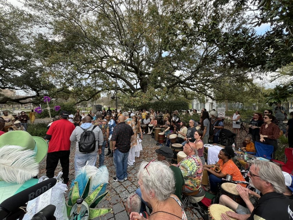 Drummers and listeners gathered beneath a large tree at Congo Square in New Orleans