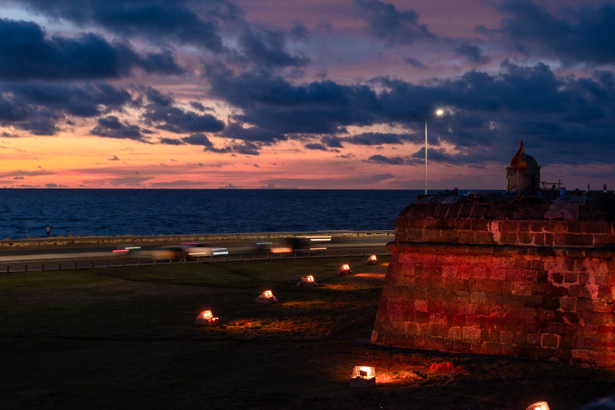 Walled city in Cartagena Colombia as the sun sets