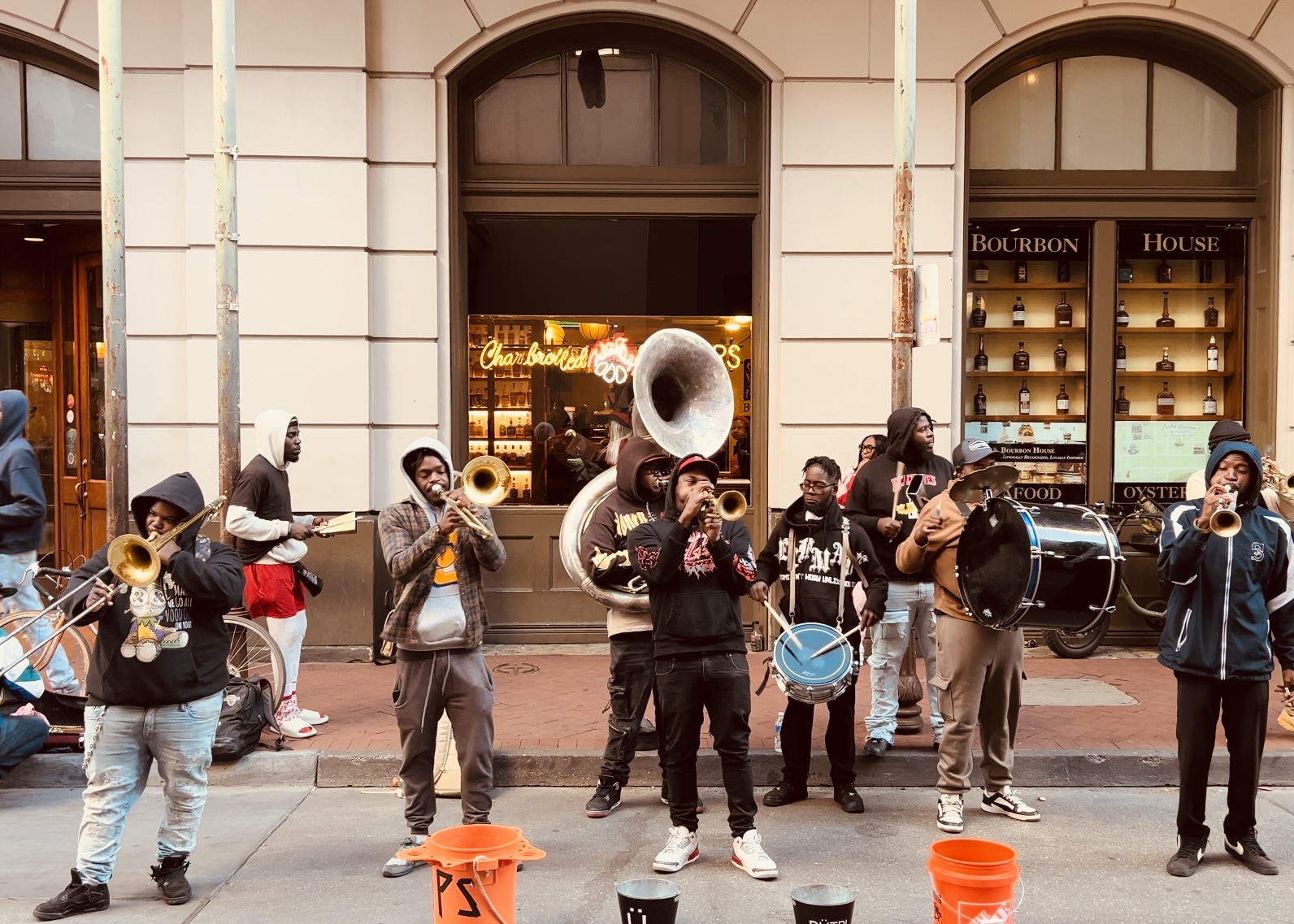 Musicians-playing-Second-Line-in-the-Bourbon-Street-New-Orleans