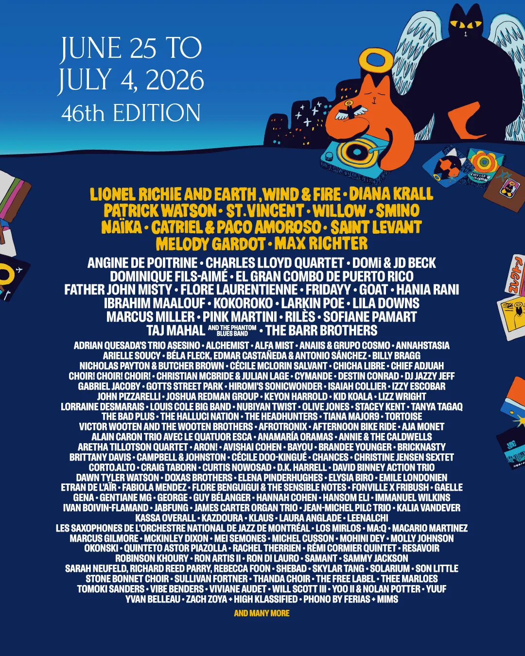 Official lineup poster for the 46th edition of the Montreal International Jazz Festival, running June 25 to July 4, 2026. The blue and yellow poster features illustrated cats at turntable setups above a dense text listing of performing artists.