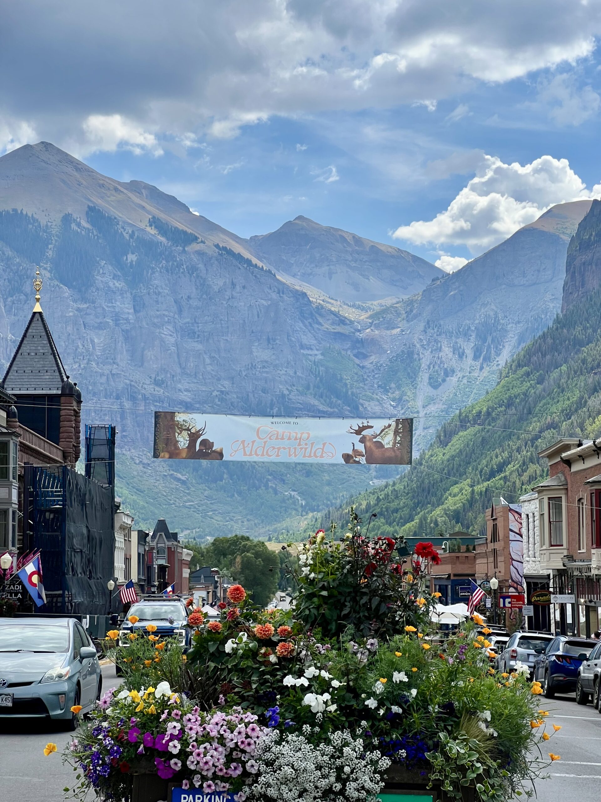 Camp Alderwild banner above downtown Telluride with the San Juan Mountains in the background