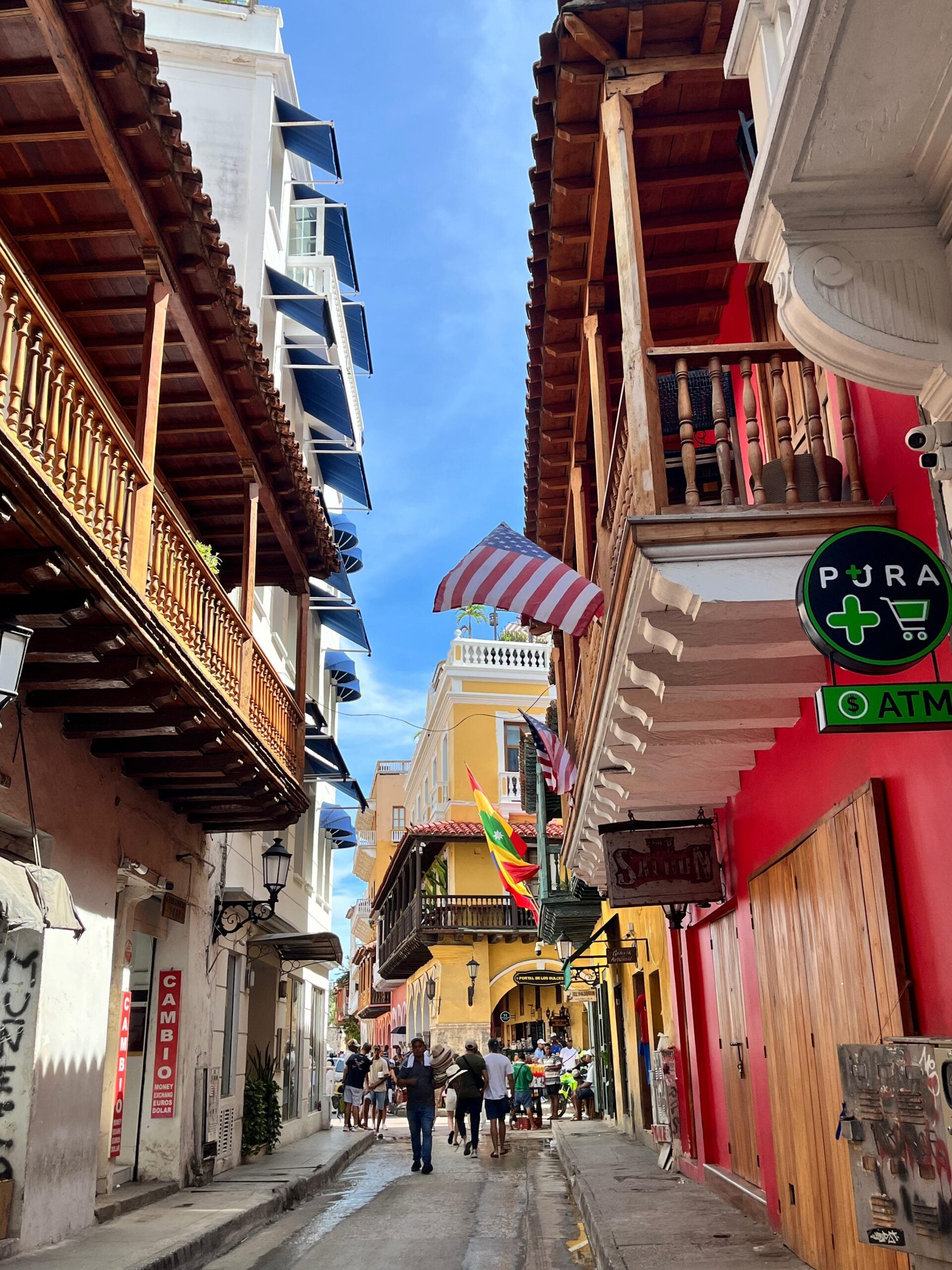 Colorful colonial balconies along a quiet street in Cartagena's walled city