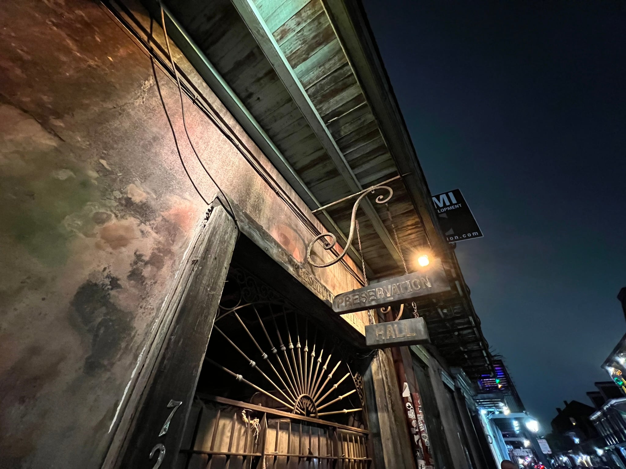 Preservation Hall exterior at night in New Orleans