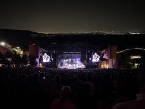 Wide nighttime view of Of Monsters and Men performing at Red Rocks Amphitheatre on August 6, 2026