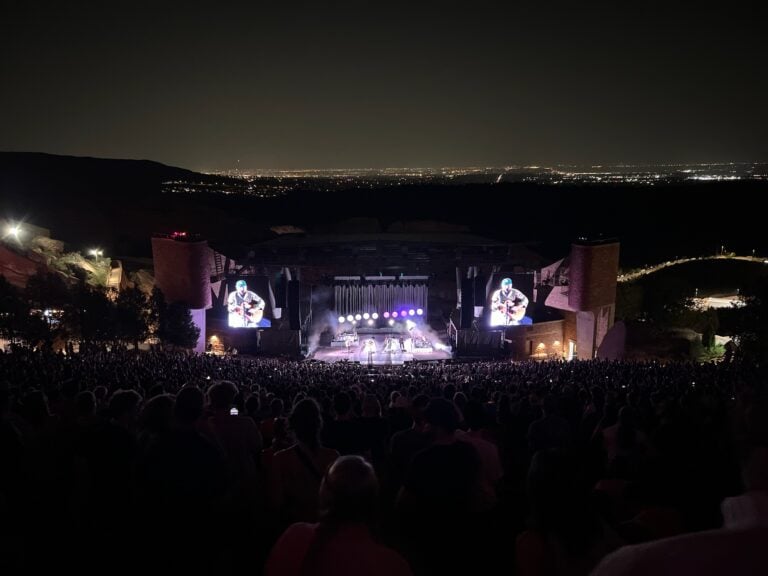 Wide nighttime view of Of Monsters and Men performing at Red Rocks Amphitheatre on August 6, 2026