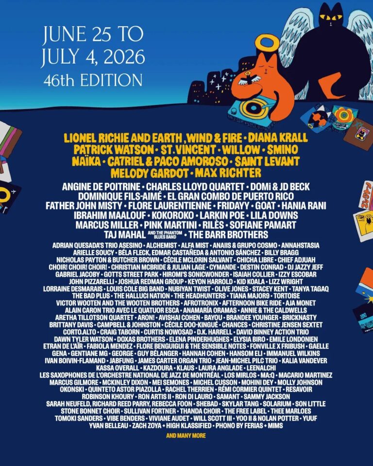 Official lineup poster for the 46th edition of the Montreal International Jazz Festival, running June 25 to July 4, 2026. The blue and yellow poster features illustrated cats at turntable setups above a dense text listing of performing artists.