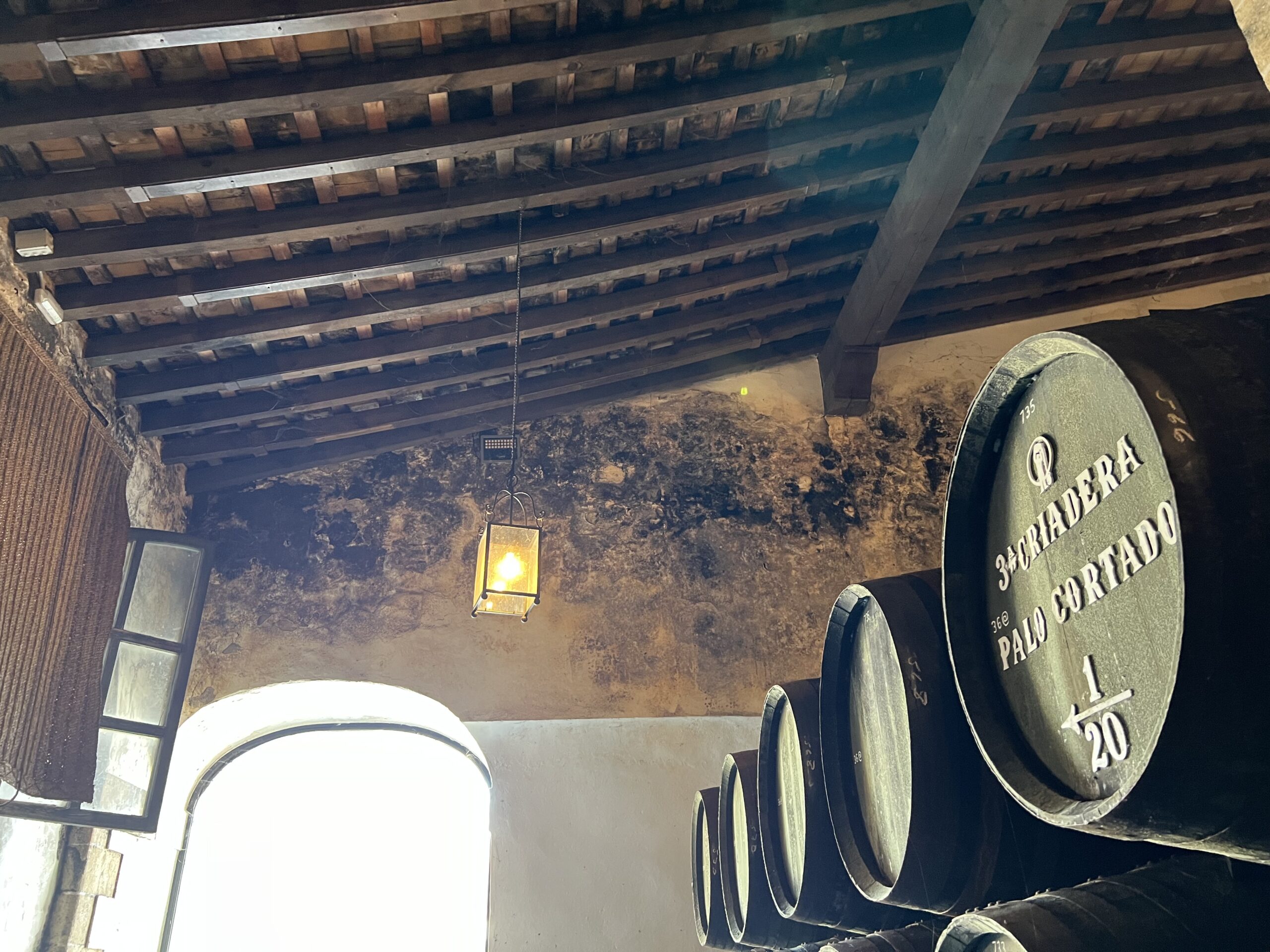 Palo cortado sherry barrels beneath wooden beams in a traditional Jerez cellar.