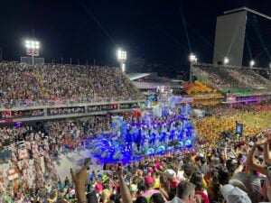 Samba school parade and spectators at the Sambadrome during Rio Carnival