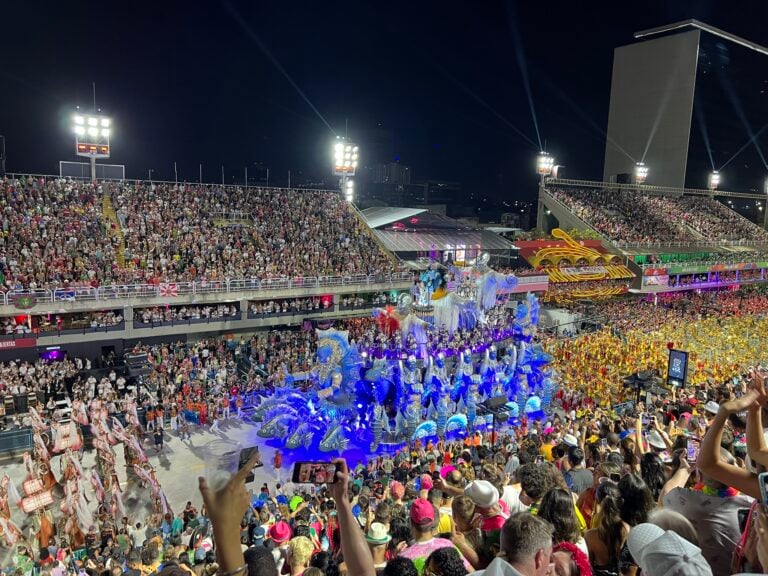 Samba school parade and spectators at the Sambadrome during Rio Carnival