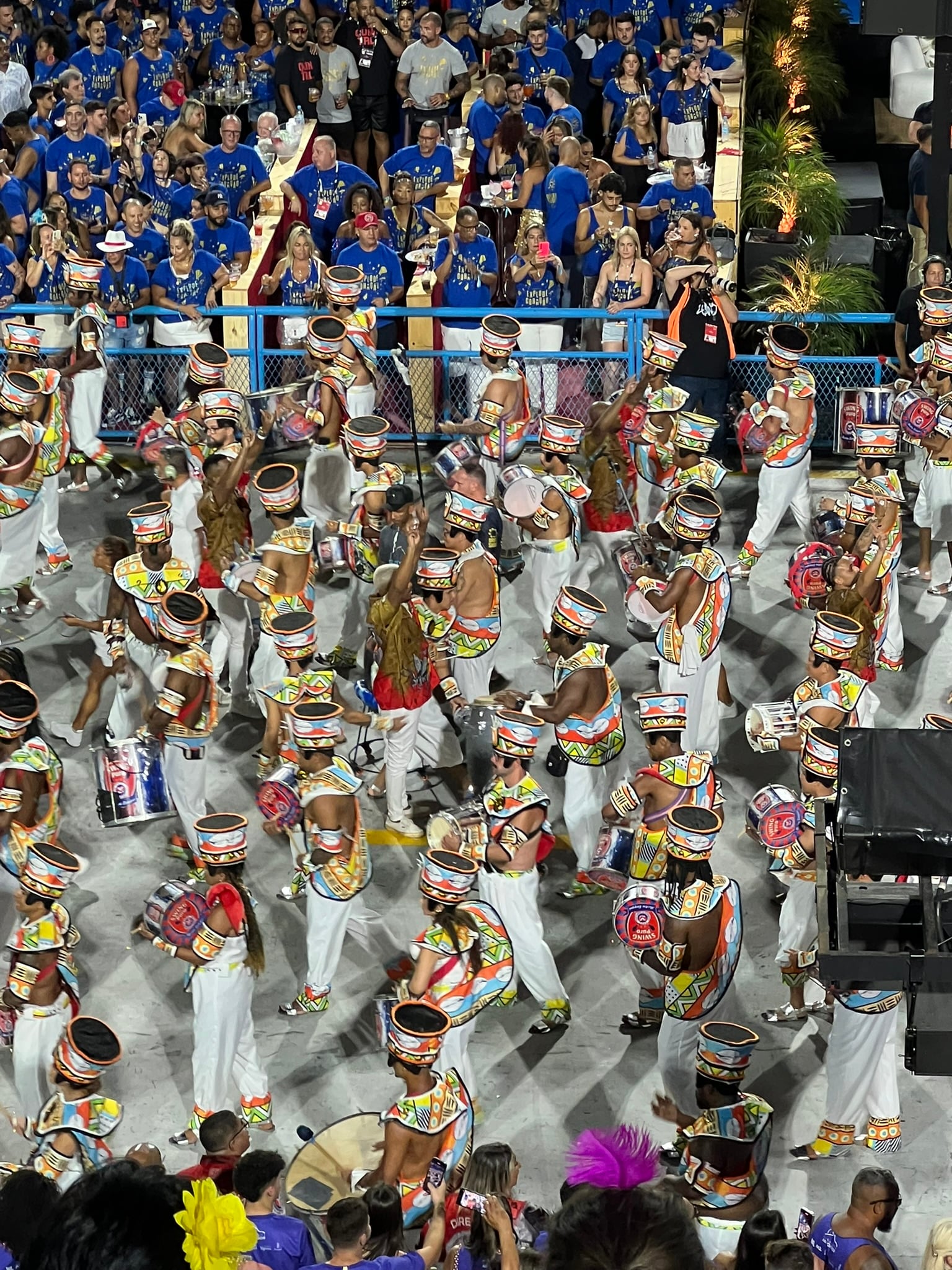 Bateria percussionists performing during a Rio Carnival samba school parade